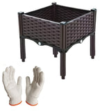A square dark brown wicker-style raised garden bed with four legs, shown on a white background with a pair of white knit gardening gloves at the lower left.