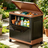 Garden storage box with gardening tools and supplies outdoors