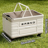 Portable storage box with wooden top on grass, showing dimensions.