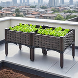Wooden raised garden bed with plants on a rooftop with cityscape in the background