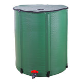 A green collapsible rain barrel with a gray top lid, a red and black drain valve at the bottom, and black feet, shown on a plain white background.