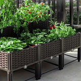 Raised garden beds with plants on a wooden deck