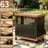 Foldable storage box with wheels in an outdoor setting, featuring dimensions and features.