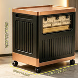Black and bronze storage cart with dimensions displayed on a wooden floor.