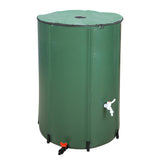 Green rain barrel with a faucet on a white background