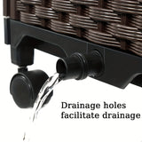 Basket with a drainage hole being used to drain water, with text indicating drainage holes facilitate drainage.