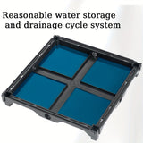 Blue water storage system with black frame on a white background