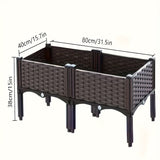 Brown wicker planter box with dimensions on a white background