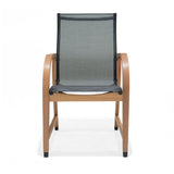 Chair with wooden frame and black mesh back on a white background