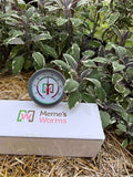 Meme's Worms product with a thermometer on a grassy background