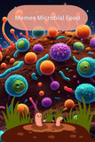 Colorful illustration of microbial life on a piece of bread with text 'Memes Microbial Food'.
