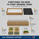 An infographic titled 'EVERYTHING YOU NEED TO START GROWING TODAY' from ZeistGreens, showing a bamboo grow tray, black out cover, raised grow insert, hemp grow mats, premium seed packs, and a grow guide on a light gray background with numbered callouts and a blue footer.