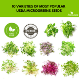 Promotional image of USDA microgreens seeds with various varieties on a white background, featuring ZestiGreens branding.
