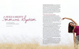 Woman stretching outdoors with text on building a mighty immune system