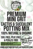 Advertisement for premium mini grit cactus and succulent potting mix with branding and contact information.