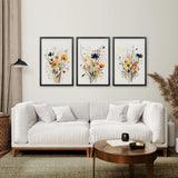 Living room with a white sofa, wooden coffee table, and Neutral Watercolor Wildflower Art Prints Set