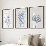 Three framed floral prints on a wall above a sofa with cushions.