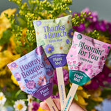 Three colorful seed pop packages with plantable text against a floral background Seed Pops - Flowers