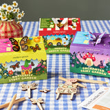 Magical Minds Garden Kits for children on a checkered tablecloth with flowers in the background
