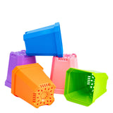 Five colorful plastic containers stacked on a white background 5" Nursery Pots with Insert Tray