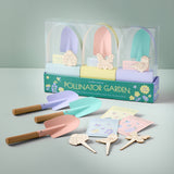 Pastel-colored gardening tools and decorative items with 'Pollinator Garden' packaging on a light gray background.