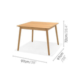 Wooden table with dimensions labeled on a white background