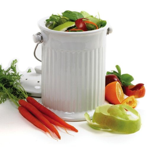 White Ceramic Compost Keeper/Bin with Odor Preventing Charcoal Filter - FREE SHIPPING