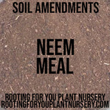 Soil amendment labeled 'Neem Meal' with a brown background