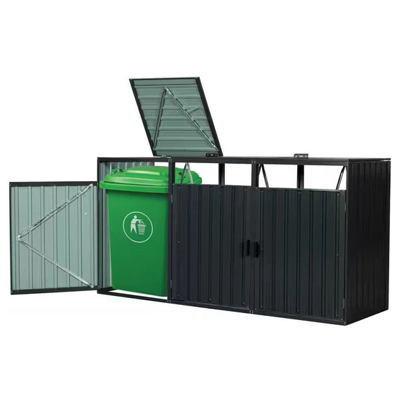 Outdoor Black Galvanized Steel Garbage Bin Storage Shed - Holds 3 Trash Cans - FREE SHIPPING