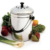 Silver compost bin with vegetables and fruits on a white background