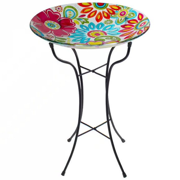 18-inch Blue Yellow Red Pastel Flowers Painted Glass Outdoor Bird Bath w/ Stand - FREE SHIPPING