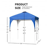 Measurement chart of a blue canopy tent with height adjustments on a white background