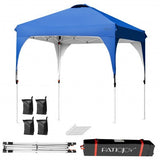 Blue and gray outdoor canopy tent with accessories on a white background