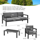 Outdoor furniture set with dimensions and weight capacity details on a white background.
