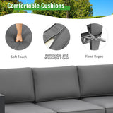Gray outdoor cushions with features like soft touch, removable cover, and fixed ropes displayed on a sofa.