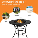 Black outdoor fire pit table with flames, surrounded by scenic images of a backyard, beach, and patio.