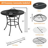 Fire pit with accessories including a cover, spark screen cover, cooking grate, log grate, and fire poker, with measurements displayed.