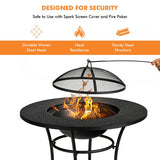Fire pit with spark screen cover and fire poker, featuring text on security and product features.