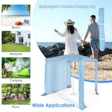 Portable outdoor canopy with images of beach, backyard, camping, and picnic settings.