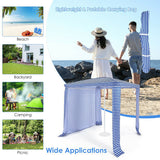 Collage of a portable outdoor canopy with images of beach, backyard, camping, and picnic settings.