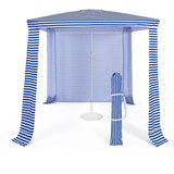 Blue and white striped outdoor canopy tent on a white background