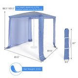 Blue and white striped canopy tent with dimensions and weight information on a white background