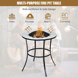 Fire pit table with flames on a white background, featuring icons for patio, poolside, beach, and camping.
