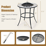 Fire pit table with dimensions and weight capacity details on a white background