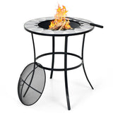 Fire pit table with flames on a white background 23.5 Inches Round Fire Pit Table with Mesh Cover and Fire Poker - Color: Black