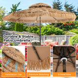 Beige patio umbrella with frayed edges in a garden setting, featuring text on durability and stability.