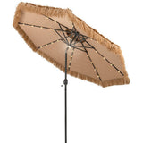 Beige patio umbrella with tassel edge and string lights on a white background