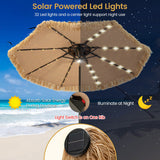 Solar-powered LED light umbrella with beach scene and night-time illustration.