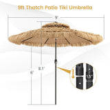 9ft Thatch Patio Tiki Umbrella with dimensions and stand details on a white background