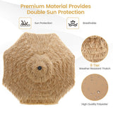 Beige patio umbrella with sun protection and breathable material features on a white background.